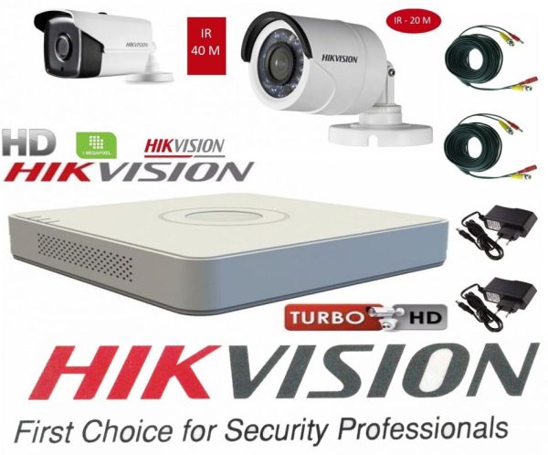 Sistem supraveghere video Hikvision 2 camere Turbo HD IR 40 M si IR 20 M  cu DVR Hikvision 4 canale, full accesorii [1]