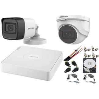 Kit supraveghere Hikvision - Sistem supraveghere mixt audio-video Hikvision 2 camere Turbo HD 2MP DVR 4 canale, HDD 500 GB