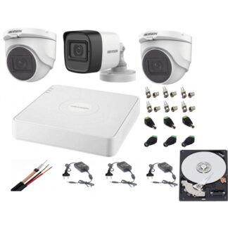 Kit Supraveghere - Sistem supraveghere mixt audio-video Hikvision 3 camere Turbo HD 2MP DVR 4 canale, HARD 500 GB, full accesorii