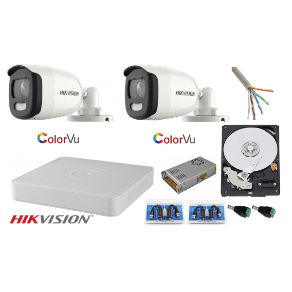 Sistem supraveghere Hikvision 2 camere 2MP Ultra HD Color VU full time ( color noaptea ) DVR 4 canale, accesorii [1]