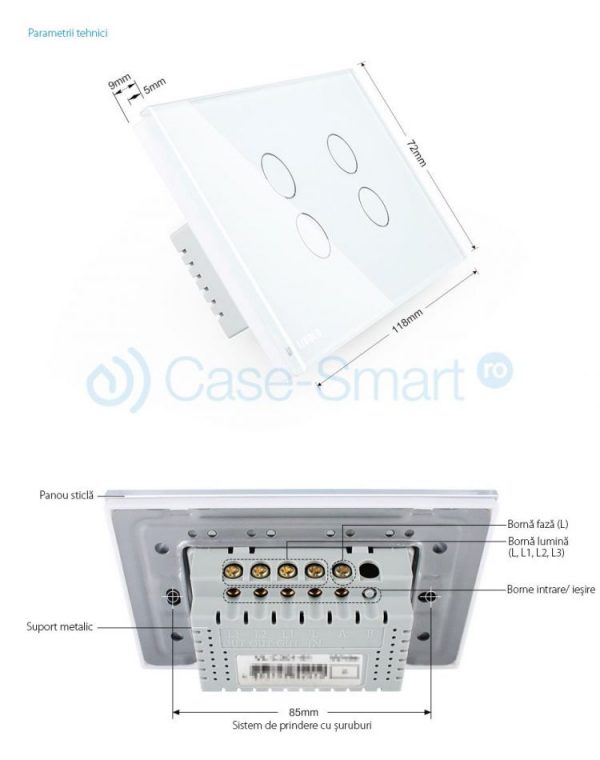 Intrerupator cvadruplu wireless cu touch Livolo din sticla – standard italian [1]