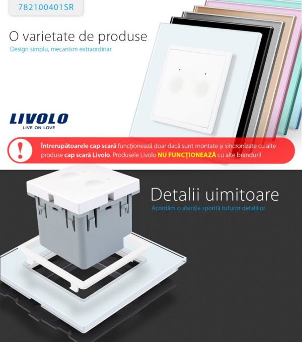 Intrerupator dublu cap scara / cap cruce wireless Livolo din sticla, Serie noua [1]
