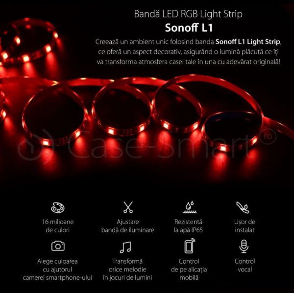 Banda inteligenta Wireless Light Strip LED RGB Sonoff L1, Lungime 5 m, Telecomanda inclusa, Control vocal, Control de pe telefonul mobil [1]