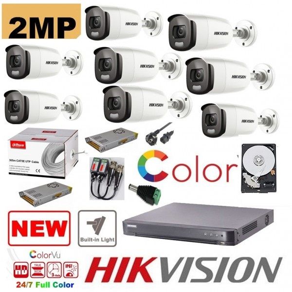Kit 8 camere profesional Hikvision 2mp Color Vu cu IR 40m (color noapte ) , accesorii incluse, HDD 2TB