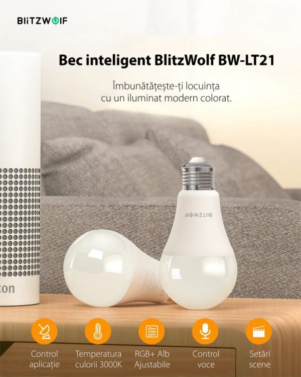 Bec Smart LED RGB, BlitzWolf BW-LT21, 10 W, Bulb, 900 LM, 3000K, E27, Comanda vocala [1]