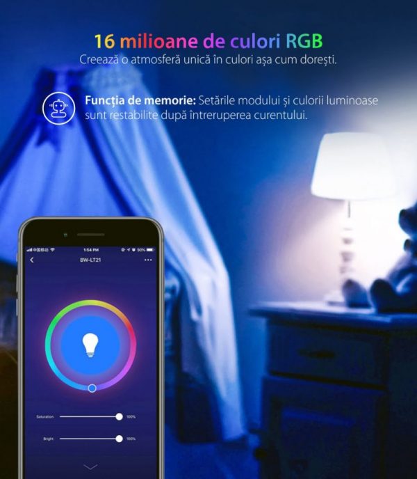 Bec Smart LED RGB, BlitzWolf BW-LT21, 10 W, Bulb, 900 LM, 3000K, E27, Comanda vocala [1]