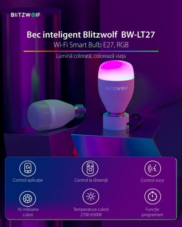 Bec inteligent Blitzwolf BW-LT27, Wi-Fi, Smart, Bulb E27, 9W, Comanda vocala, 850 LM, RGB [1]