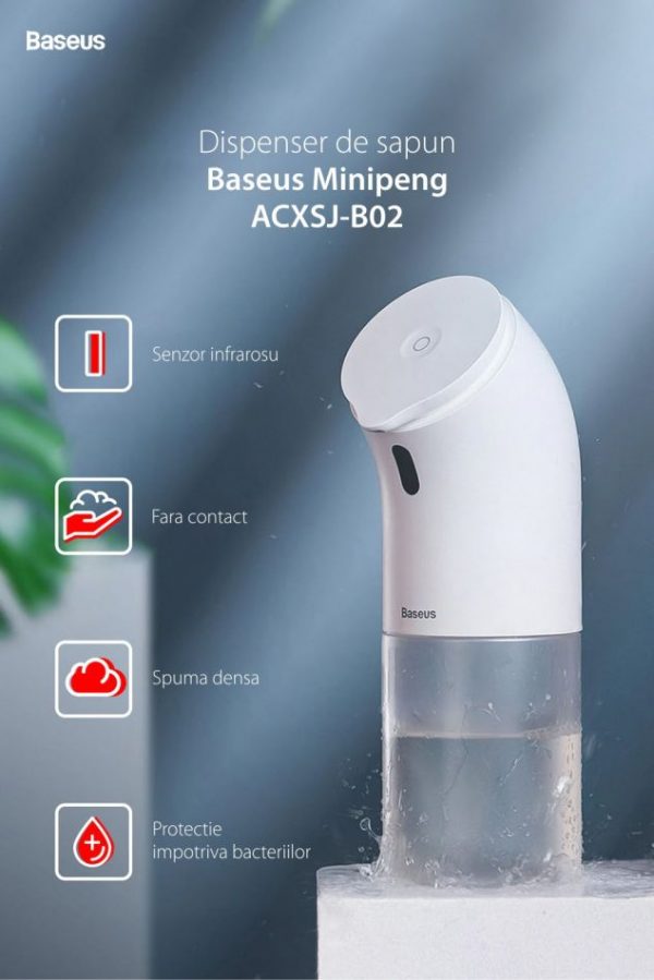 Dispenser sapun Baseus Minipeng ACXSJ-B02, Senzor infrarosu, Capacitate 300 mL, Inclinare 45° [1]