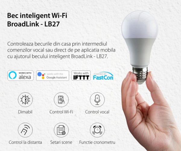 Bec inteligent Wi-Fi, BroadLink LB27, A60, 800 LM, Dimmer, Putere 10W, Control aplicatie [1]
