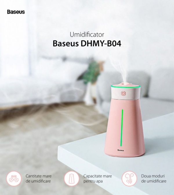 Umidificator cu lampa Baseus DHMY-B04, Roz, Port USB, Capacitate 380 mL, 2 Moduri, Pana la 12 ore [1]