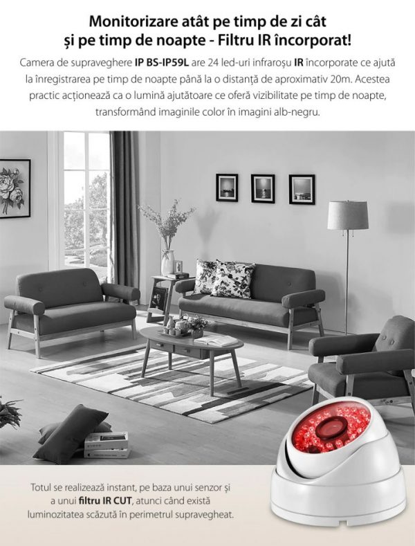 Camera de supraveghere Besnt BS-IP59L, 3MP, 1080p, Monitorizare nocturna, Senzor infrarosu, Notificari pe telefon [1]