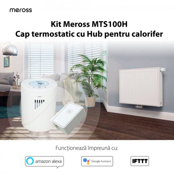 Kit cap termostatic cu hub pentru calorifer, Meross MTS100H, Compatibil cu Amazon Alexa, Google Home & IFTTT [1]
