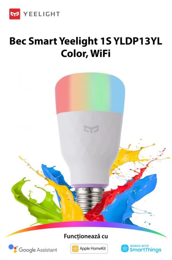 Bec Inteligent YeeLight 1S YLDP13YL, Smart, Color, WiFi, 8.5W, Compatibil cu Google Assistant, Apple HomeKit & SmartThings [1]