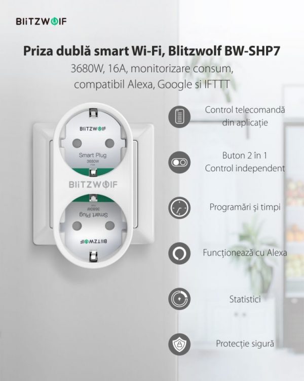 Priza dubla BlitzWolf BW-SHP7, Alb, Wi-Fi, Smart, 3680W, 16A, Monitorizare consum, Compatibil cu Alexa, Google Home & IFTTT