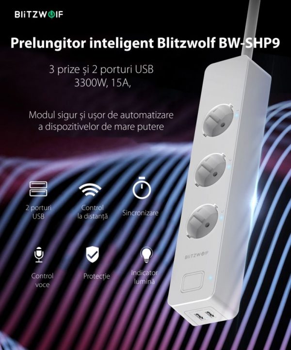 Prelungitor inteligent Blitzwolf BW-SHP9, 3 prize si 2 porturi USB, 3300W, 15A, Control de pe telefonul mobil