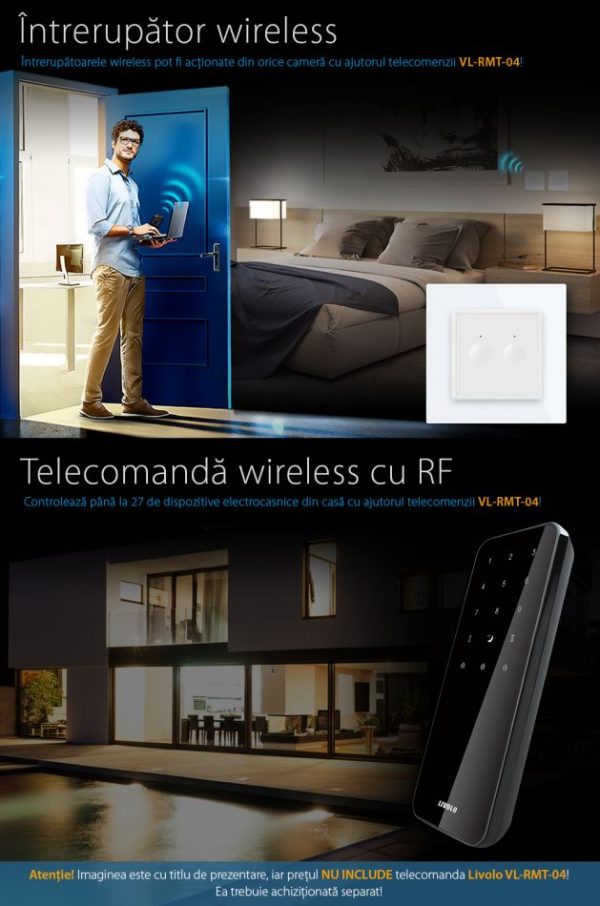 Intrerupator dublu cap scara / cap cruce wireless Livolo din sticla, Serie noua [1]