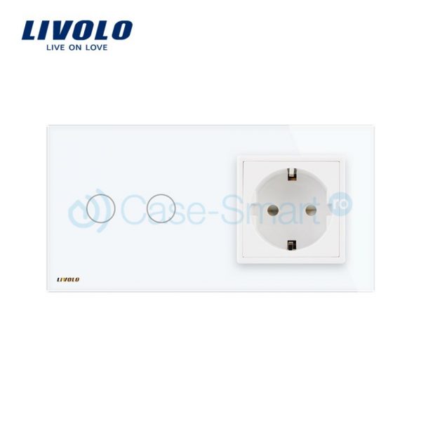 Intrerupator dublu cap scara / cap cruce + priza simpla Livolo rama din sticla [1]