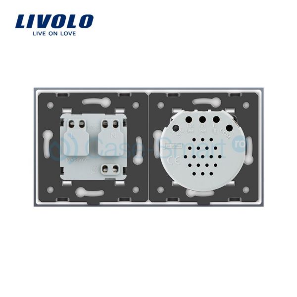 Intrerupator dublu cap scara / cap cruce + priza simpla Livolo rama din sticla [1]