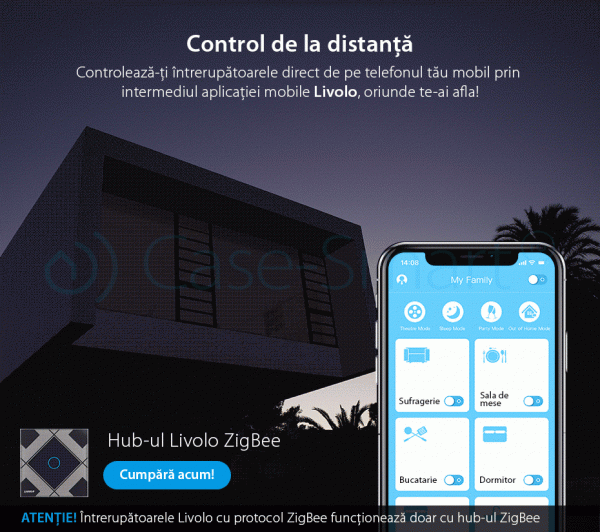 Intrerupator simplu cap-scara cap-cruce cu touch Livolo din sticla – protocol ZigBee, Control de pe telefonul mobil [1]