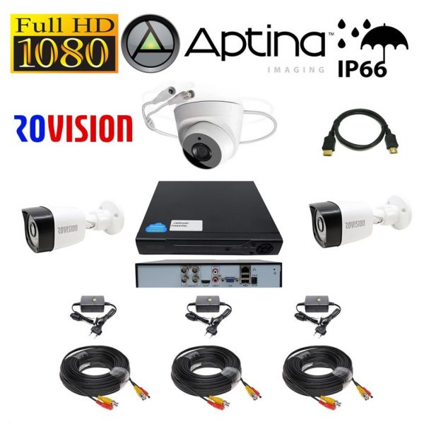 Sistem supraveghere video mixt 3 camere, 2exterior 2 MP 1080P FULL HD IR20m si1 interior 2MP IR20m, DVR 4 canale, full accesorii [1]