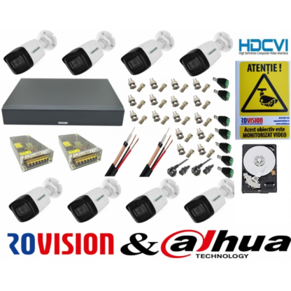 Kit supraveghere video profesional 8 camere Rovision 2MP , IP67, microfon IR80m, HARD 2TB, accesorii [1]