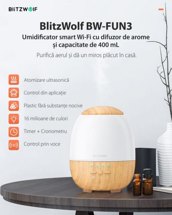 Umidificator cu ultrasunete si lampa LED, BlitzWolf BW-FUN3, Smart, Wi-Fi, 400mL, Compatibil cu Amazon Alexa si Google Assistant