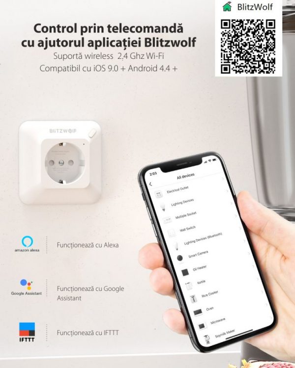 Priza inteligenta Blitzwolf BW-SHP8, Alb, 3680W, 16A, Monitorizare consum, Compatibil Alexa, Google Home si IFTTT [1]