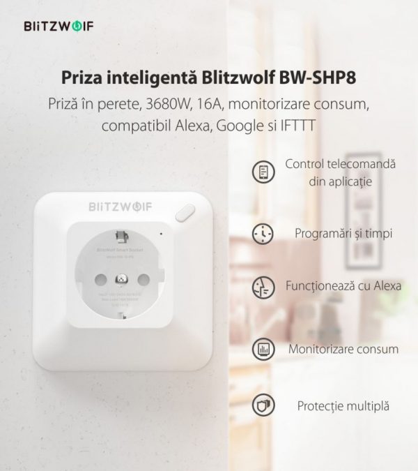 Priza inteligenta Blitzwolf BW-SHP8, Alb, 3680W, 16A, Monitorizare consum, Compatibil Alexa, Google Home si IFTTT [1]