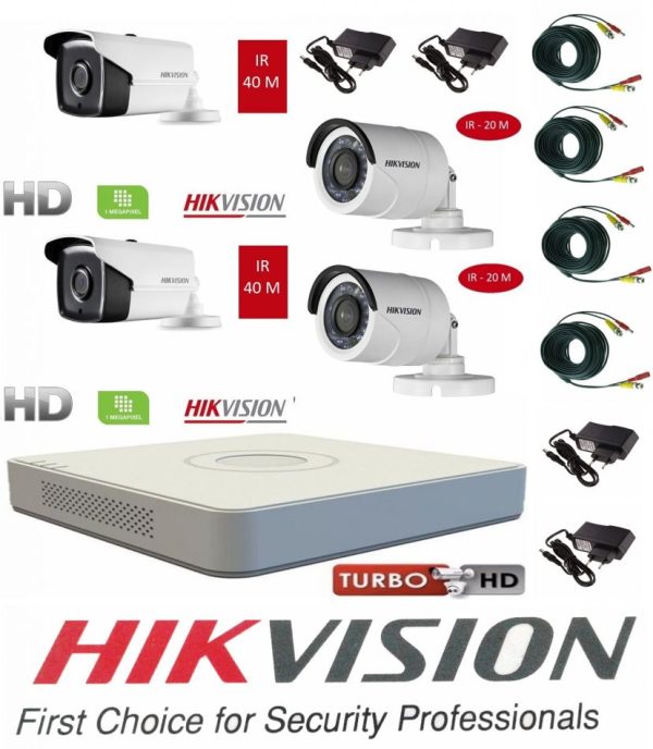 Sistem supraveghere video Hikvision 4 camere Turbo HD IR 40 M si IR 20 M  cu DVR Hikvision 4 canale, full accesorii [1]
