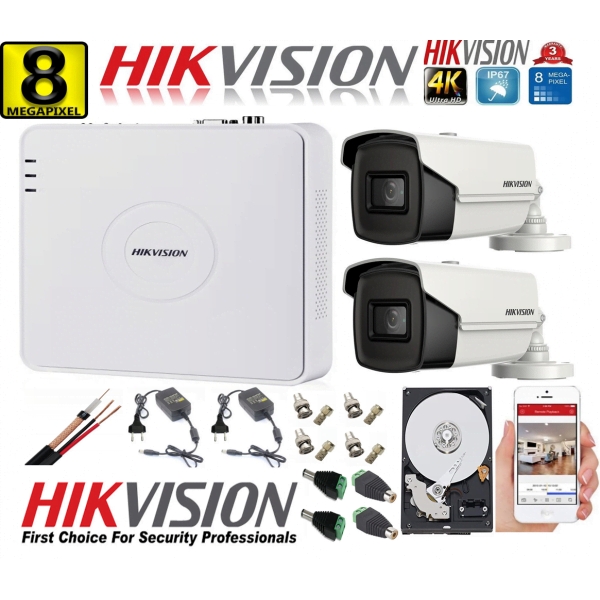 Kit supraveghere ultraprofesional Hikvision 2 camere 8MP 4K, 80 IR, DVR 4 canale, accesorii incluse si HDD [1]