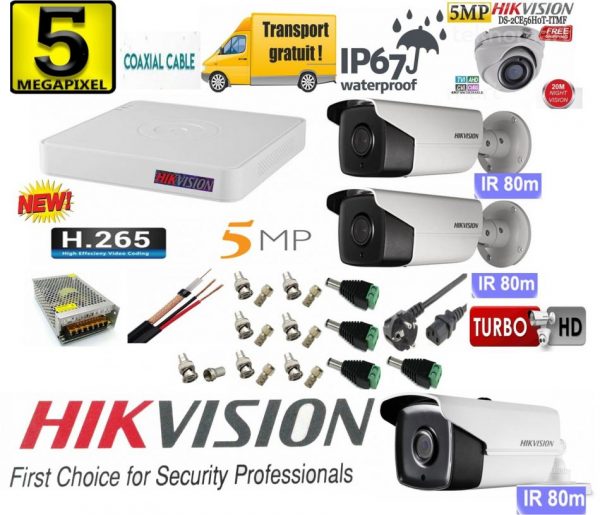 Sistem supraveghere video Hikvision 4 camere 5MP, 3 exterior Turbo HD IR 80 M 1 interior IR 20m cu full accesorii [1]