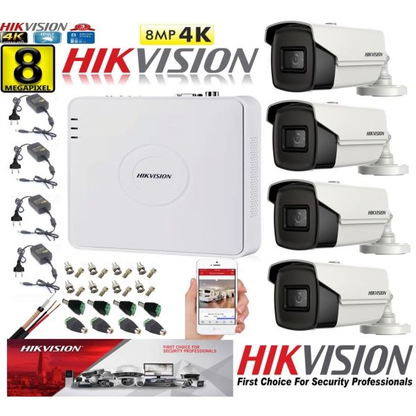 supraveghere ultraprofesional Hikvision 4 camere 8MP 4K, IR, accesorii incluse, internet - Rovision