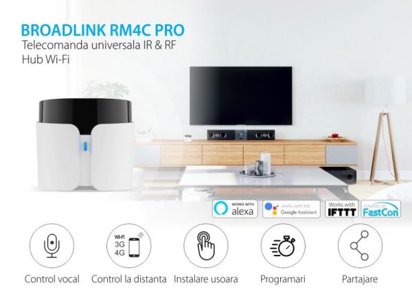 Telecomanda inteligenta BroadLink RM4C Pro, IR, Wi-Fi, Control aplicatie, Integrare cu asistenti vocali [1]