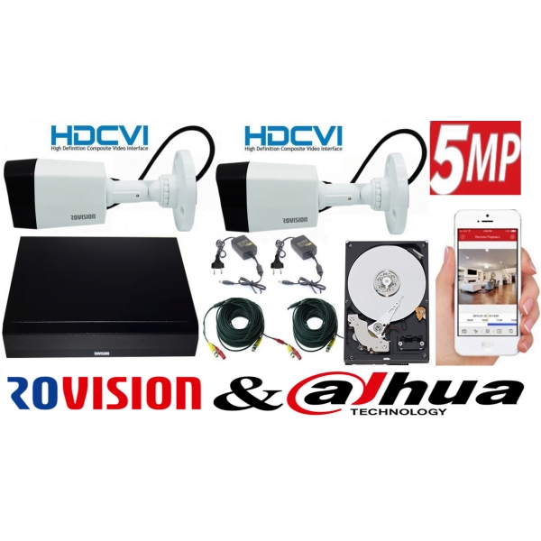 Kit supraveghere 2 camere Rovision 5MP HDCVI , DVR 4 canale, accesorii incluse si  HDD [1]