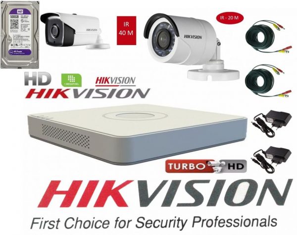 Sistem supraveghere video Hikvision 2 camere Turbo HD IR 40 M si IR 20 M  cu DVR Hikvision , HARD 500GB,  full accesorii [1]