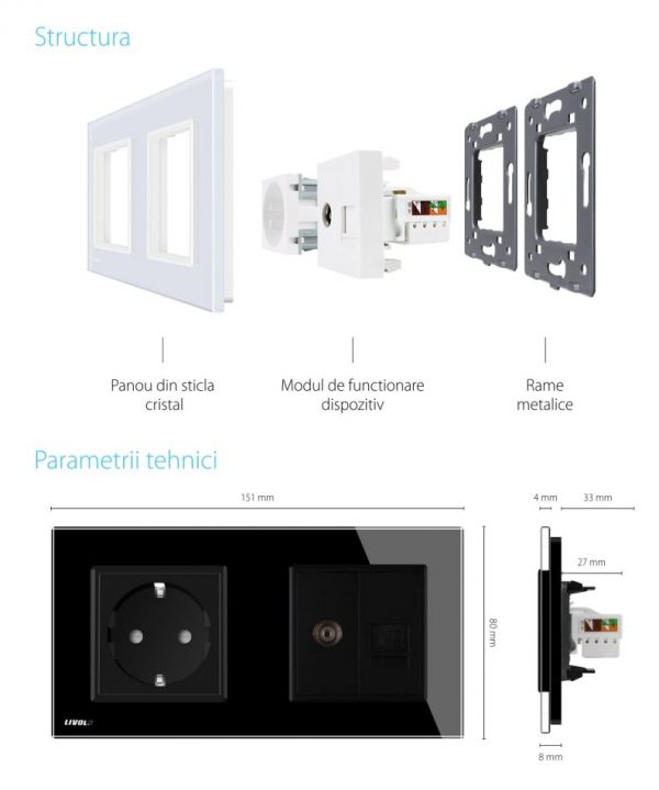 Priza dubla Livolo cu rama din sticla + 1 priza Schuko+TV/internet [1]