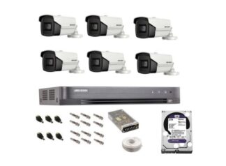 Kit Supraveghere - Sistem complet de supraveghere profesional Hikvision 6 camere IR60m, DVR 8 canale Turbo HD, inregistrare 4K, HDD 2 Tb, 100 m cablu CCTV, vizualizare pe telefon