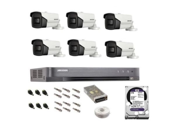 Sistem complet de supraveghere profesional Hikvision 6 camere IR60m, DVR 8 canale Turbo HD, inregistrare 4K, HDD 2 Tb, 100 m cablu CCTV, vizualizare pe telefon [1]