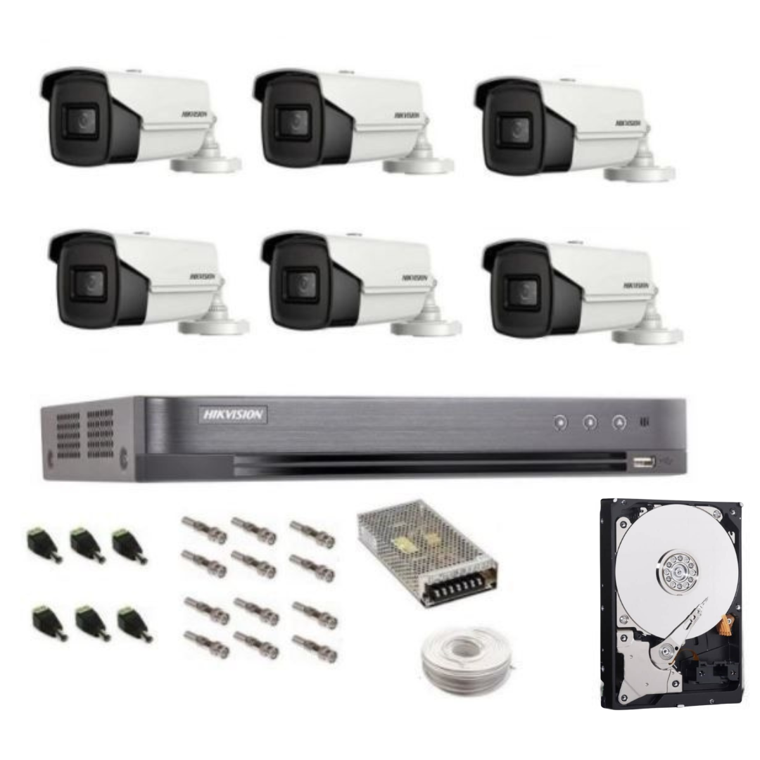 Sistem complet de supraveghere profesional Hikvision 6 camere IR60m, DVR 8 canale Turbo HD, inregistrare 4K, HDD 2 Tb, 100 m cablu CCTV, vizualizare pe telefon