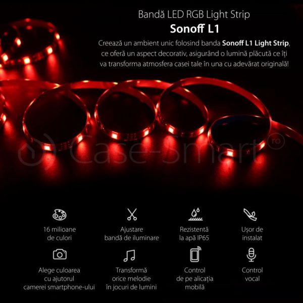 Banda inteligenta Wireless Light Strip LED RGB Sonoff L1, Lungime 5 m, Telecomanda inclusa, Control vocal, Control de pe telefonul mobil [1]