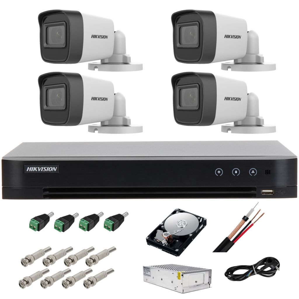 Kit complet supraveghere 5 MP lite Hiwatch by Hikvision Turbo HD cu 4 camere Bullet IR 25m, alimentator, cabluri, mufe, HDD 1 Tb, vizualizare pe internet