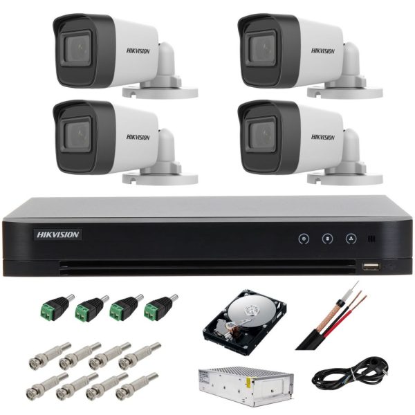 Kit complet supraveghere 5 MP lite Hikvision Turbo HD cu 4 camere Bullet IR 20 m,alimentatori, cabluri, mufe, HDD 1 Tb, vizualizare pe internet [1]