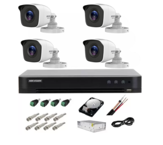 Kit complet supraveghere 5 MP lite Hiwatch by Hikvision Turbo HD cu 4 camere Bullet IR 20m, alimentator, cabluri, mufe, HDD 1 Tb, vizualizare pe internet