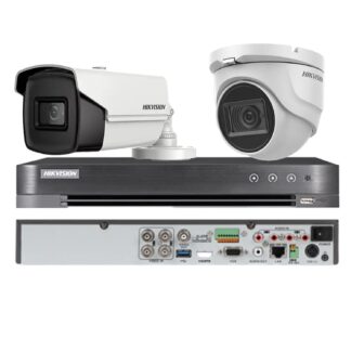 Kit Supraveghere - Sistem supraveghere mixt Hikvision 2 camere, 1 dome 8MP 4 in 1, IR 30m, 1 bullet 4 in 1 8MP, 3.6mm, IR 80m, DVR 4 canale 4K 8MP