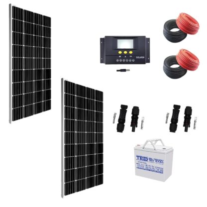Sistem 2 panouri fotovoltaice 180W, cablu solar, conectori panou, controler, acumulator [1]