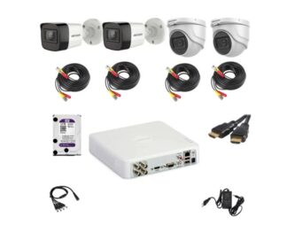 Kit supraveghere video Hikvision 5MP format din 2 camere interior 2 camere exterior DVR 4 canale si accesorii complete incluse [1]