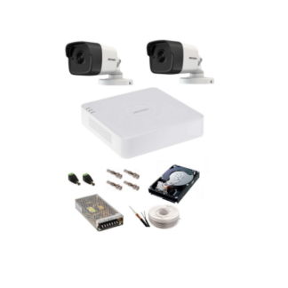 Kit supraveghere Hikvision - Kit complet supraveghere 5 MP Hikvision Turbo HD cu 2 camere Bullet IR 20 m,alimentatori, cabluri, mufe, HDD 500 Gb, vizualizare pe internet