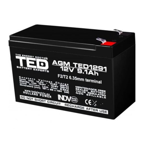 Acumulator AGM VRLA 12V 9,1A dimensiuni 151mm x 65mm x h 95mm F2 TED Battery Expert Holland TED003263 (5) [1]