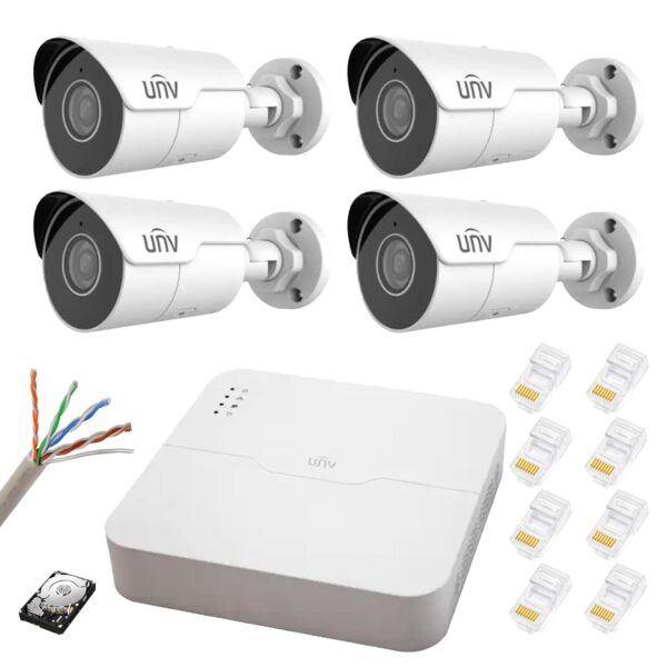 Sistem supraveghere IP PoE UNV 4 camere Starlight, 2.8mm, IR 50m, NVR 4K 4 canale 8MP, accesorii, HDD 500 GB [1]