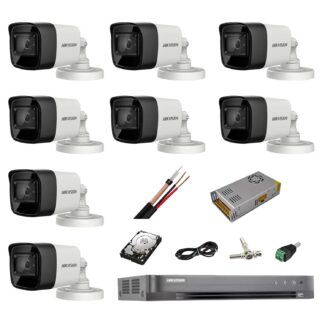 Kit supraveghere Hikvision - Sistem complet de supraveghere profesional Hikvision Turbo HD, inregistrare 4K / 8 Mp, 8 camere IR 30 m, HDD 2 Tb, 200 m cablu CCTV,vizualizare pe telefon